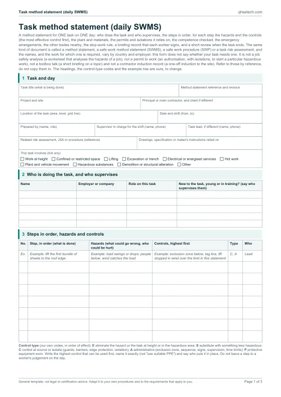 First page of the Task Method Statement Template (Daily SWMS) PDF