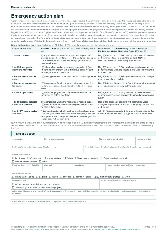First page of the Emergency Action Plan Template PDF