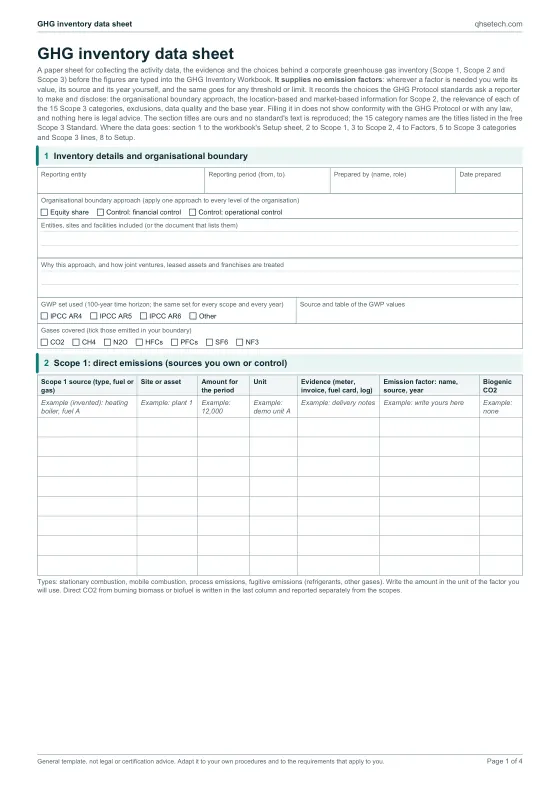 First page of the GHG Inventory Workbook and Data Sheet PDF