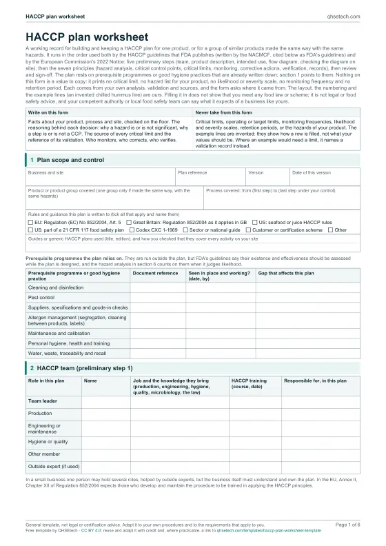 First page of the HACCP Plan Worksheet Template PDF