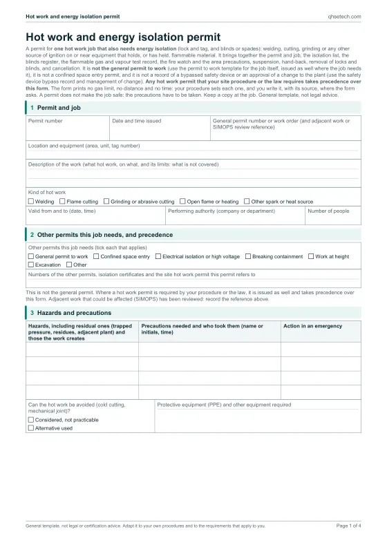 First page of the Hot Work and Energy Isolation Permit Template PDF