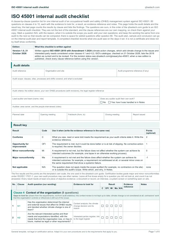 First page of the ISO 45001 Internal Audit Checklist Template PDF