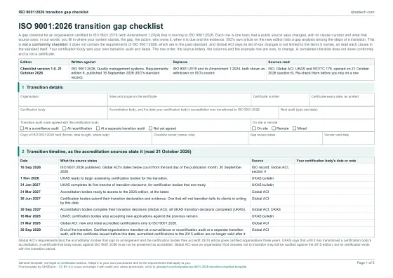 First page of the ISO 9001:2026 Transition Gap Checklist Template PDF