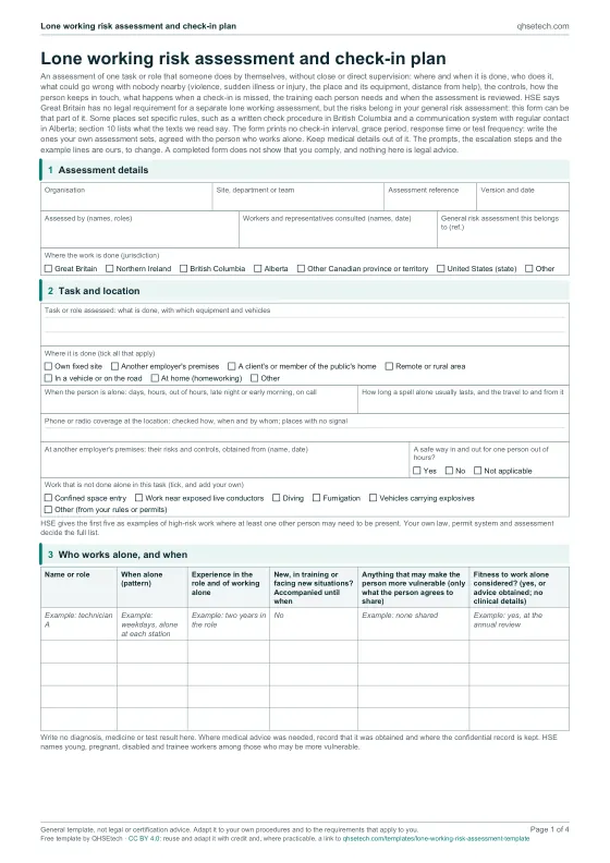 First page of the Lone Working Risk Assessment Template PDF