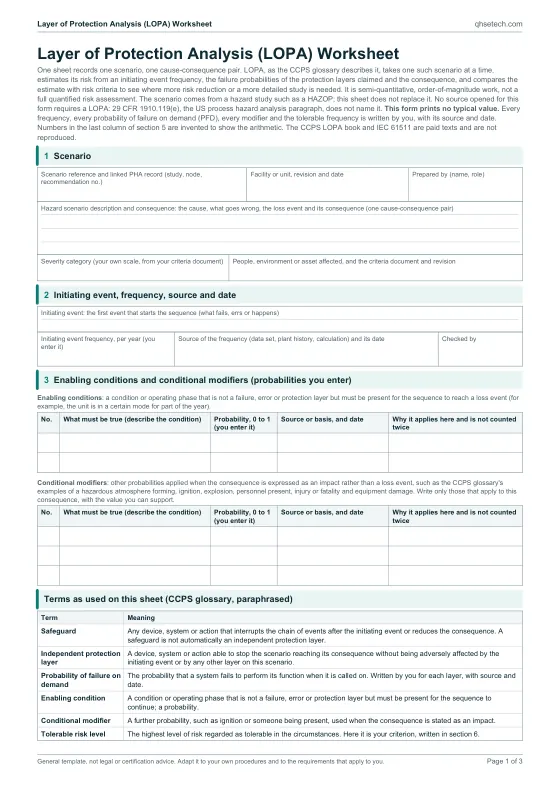 First page of the Layer of Protection Analysis (LOPA) Worksheet Template PDF
