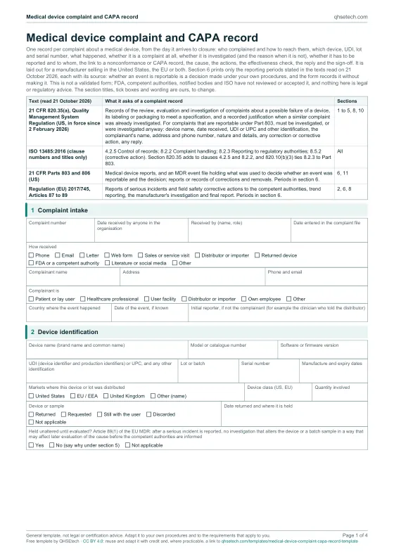 First page of the Medical Device Complaint and CAPA Record Template PDF