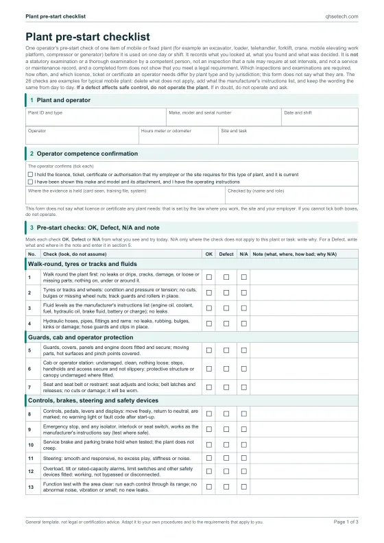 First page of the Plant Pre-Start Checklist Template PDF