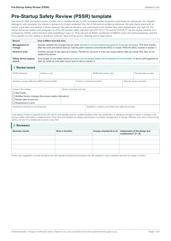 First page of the Pre-Startup Safety Review (PSSR) Template PDF