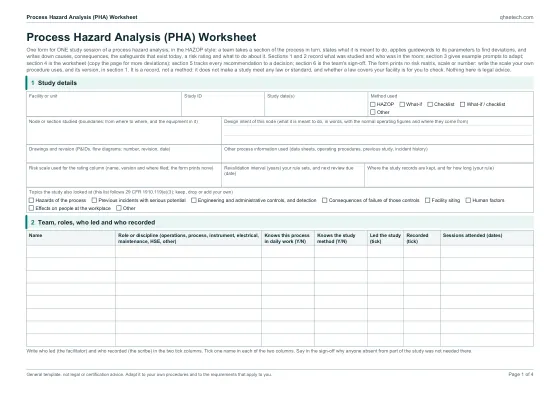 First page of the Process Hazard Analysis (PHA) Worksheet Template PDF
