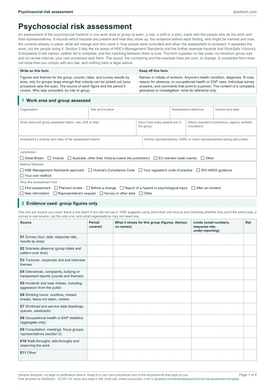 First page of the Psychosocial Risk Assessment Template PDF