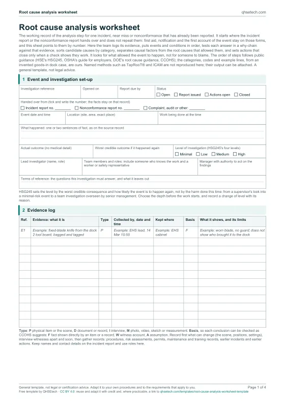 First page of the Root Cause Analysis Worksheet Template PDF