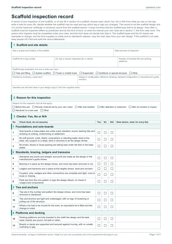 First page of the Scaffold Inspection Record Template PDF