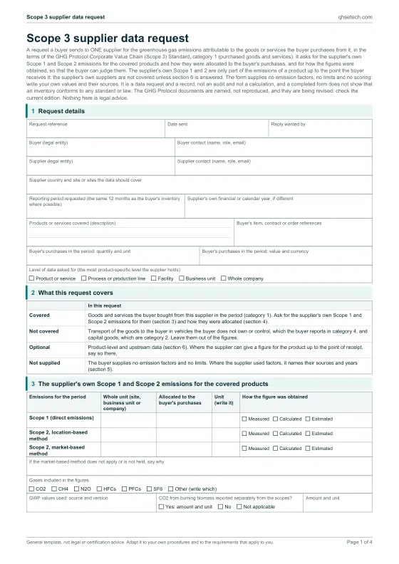 First page of the Scope 3 Supplier Data Request Template PDF