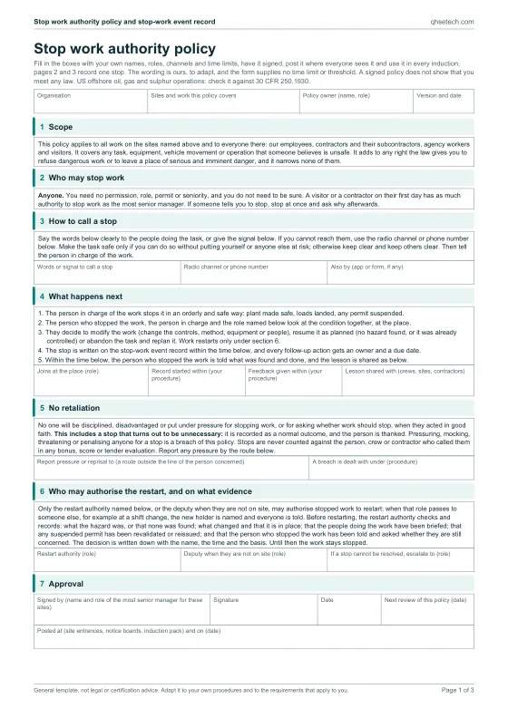 First page of the Stop Work Authority Policy and Event Record Template PDF