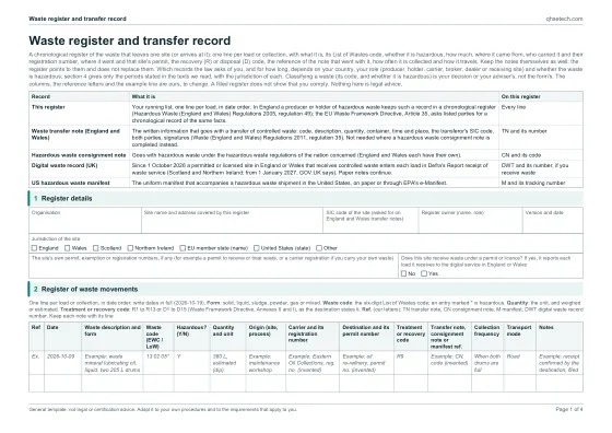First page of the Waste Register and Transfer Record Template PDF