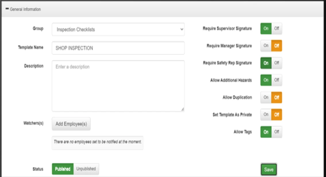 Desktop form template screen with group, template name and on/off switches for signatures, duplication and tags