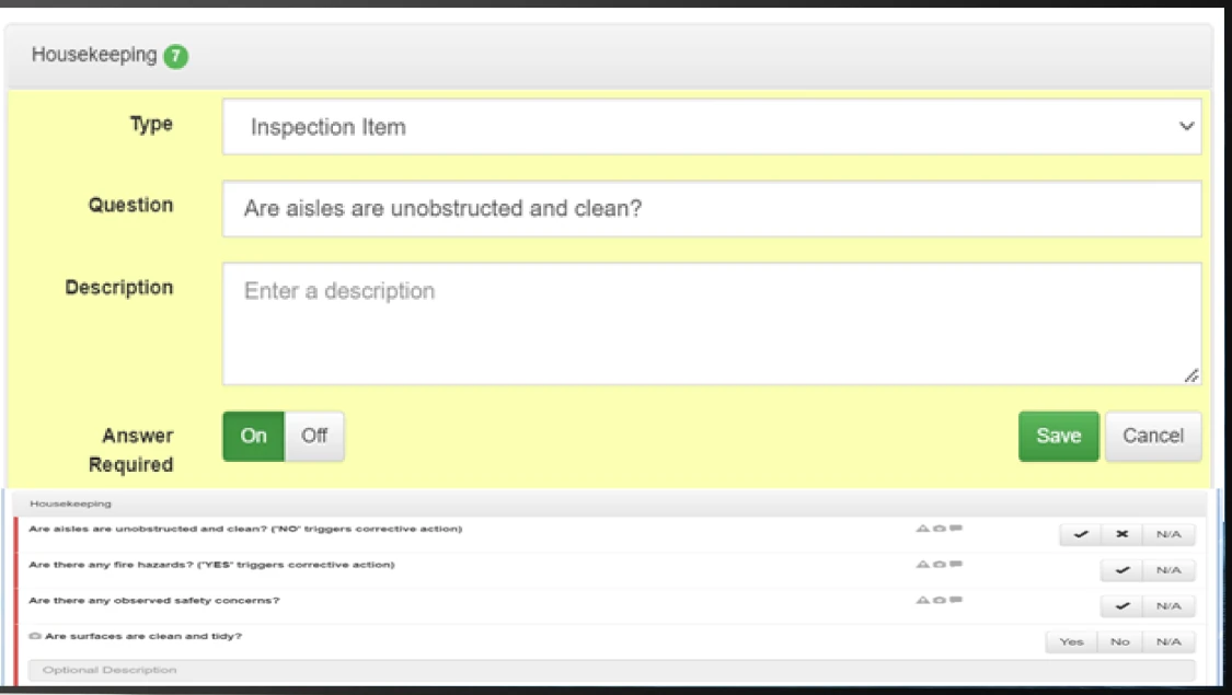 Desktop editor for an inspection question with type, question text, description and an answer-required switch