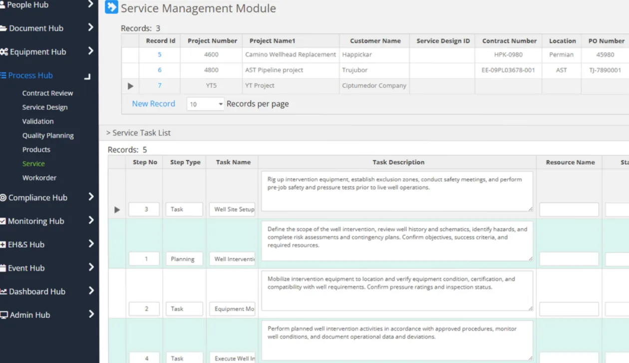 Menu of hubs beside a service management table of projects and a list of service tasks with step types and descriptions