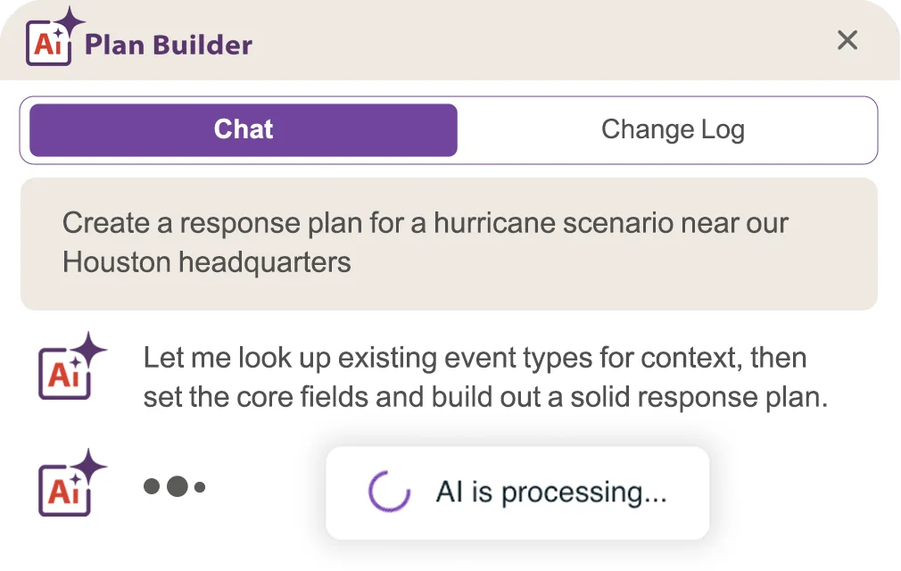 AlertMedia AI Plan Builder drafting a hurricane response plan in a chat interface
