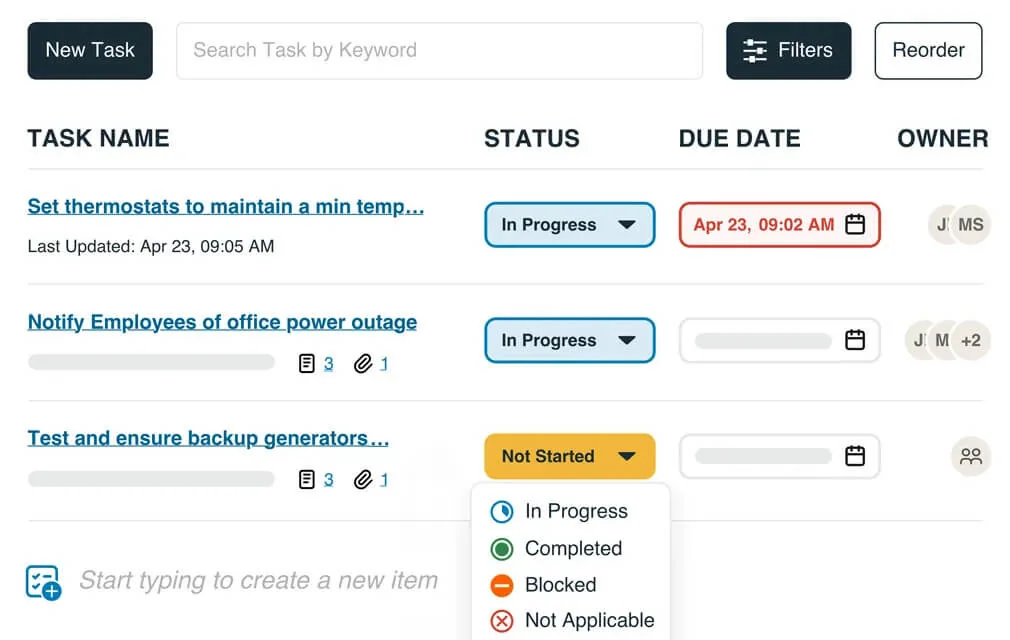 AlertMedia incident task list with task status, due dates and assigned owners