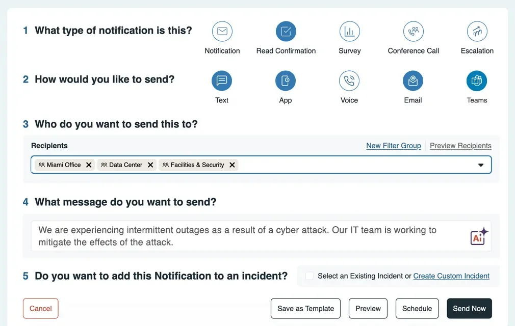 AlertMedia notification composer with delivery channels, recipient groups and message field