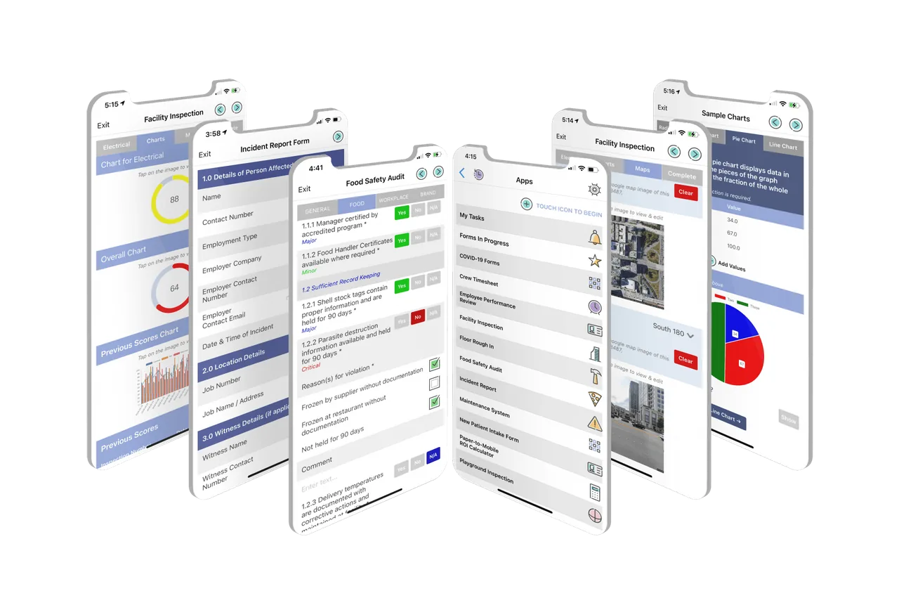 Six phone screens showing a facility inspection, incident report form, food safety audit, app list and sample charts