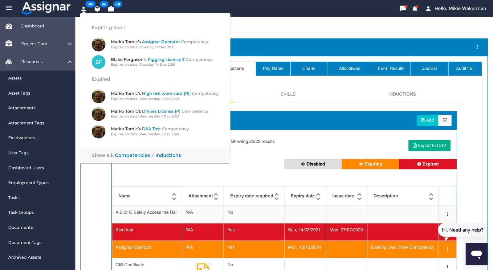 Assignar web dashboard with expiring and expired worker competency alerts and records