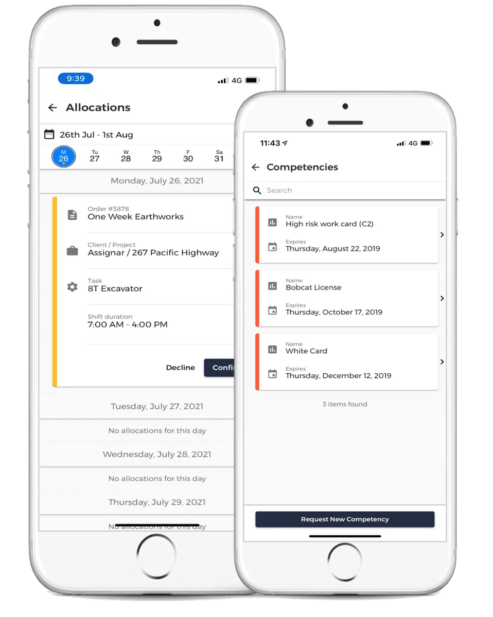 Assignar mobile allocation details and worker competency records on two phone screens