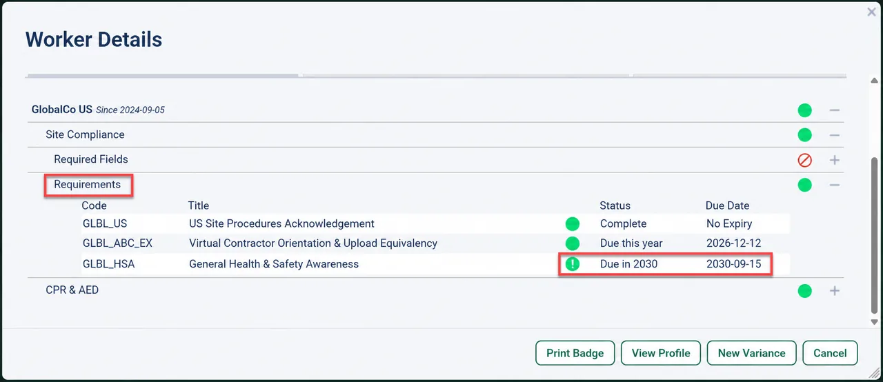 Worker Details dialog listing site requirements with codes, titles, status icons and due dates