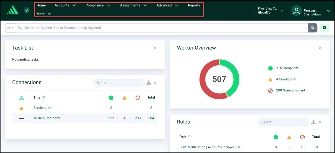 Client admin dashboard with a task list, worker overview ring, connections and roles tables