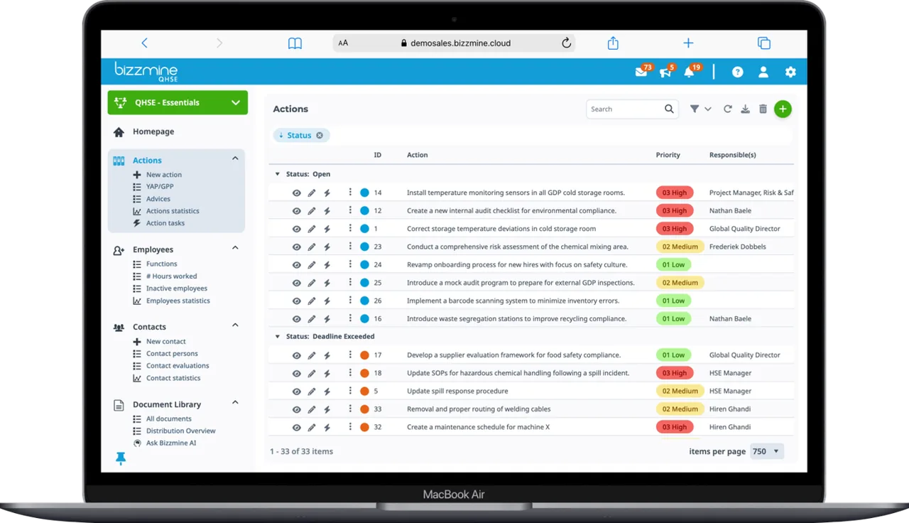 Actions list in BizzMine QHSE showing open and overdue actions with priority labels and responsible persons