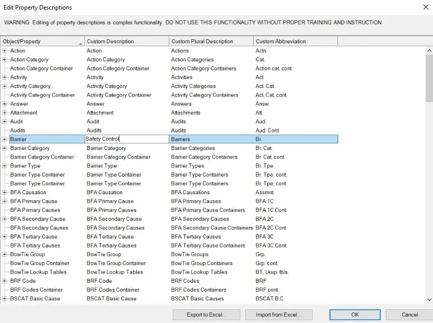 BowTieXP Edit Property Descriptions dialog listing object names with custom description, plural and abbreviation columns