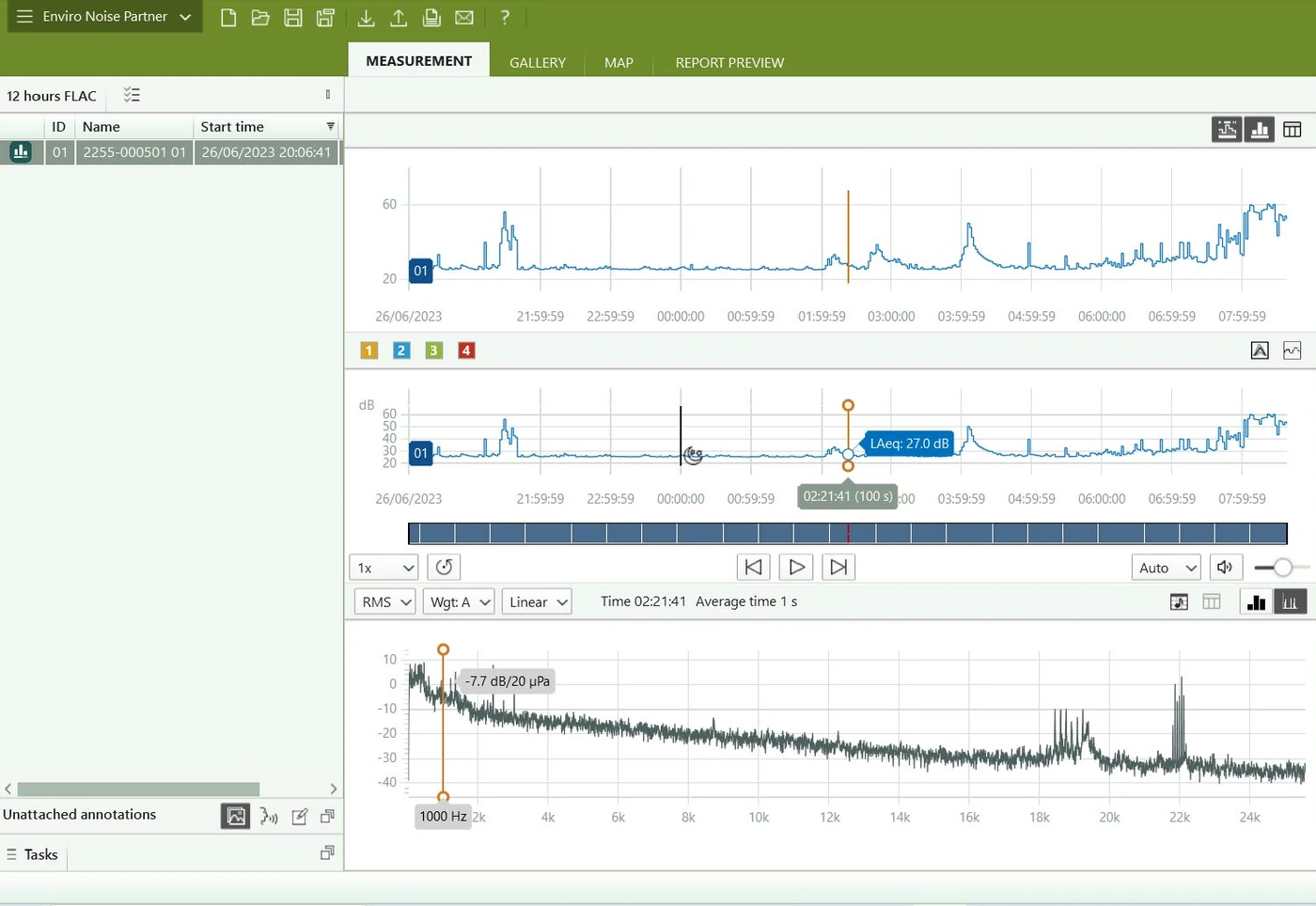 Enviro Noise Partner desktop window with a measurement list, a noise level profile with a marker, playback controls and a frequency spectrum