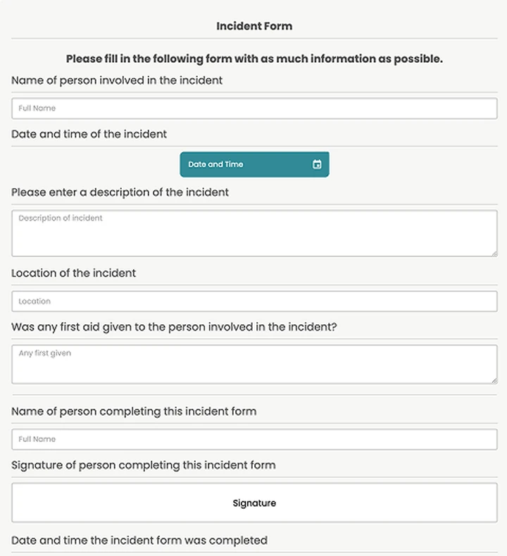 Incident form with empty fields for person involved, date and time, description, location, first aid and signature