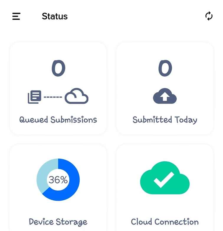 Phone Status screen with tiles for queued submissions, submitted today, device storage percentage and cloud connection