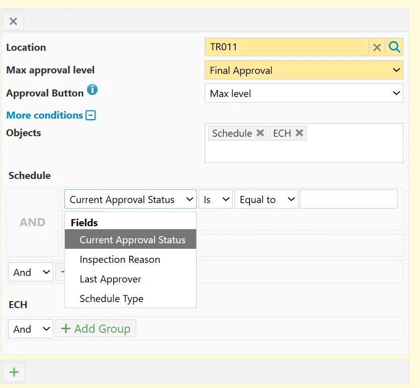 Form with Location, Max approval level set to Final Approval, Approval Button, Schedule and ECH objects and a Fields dropdown.