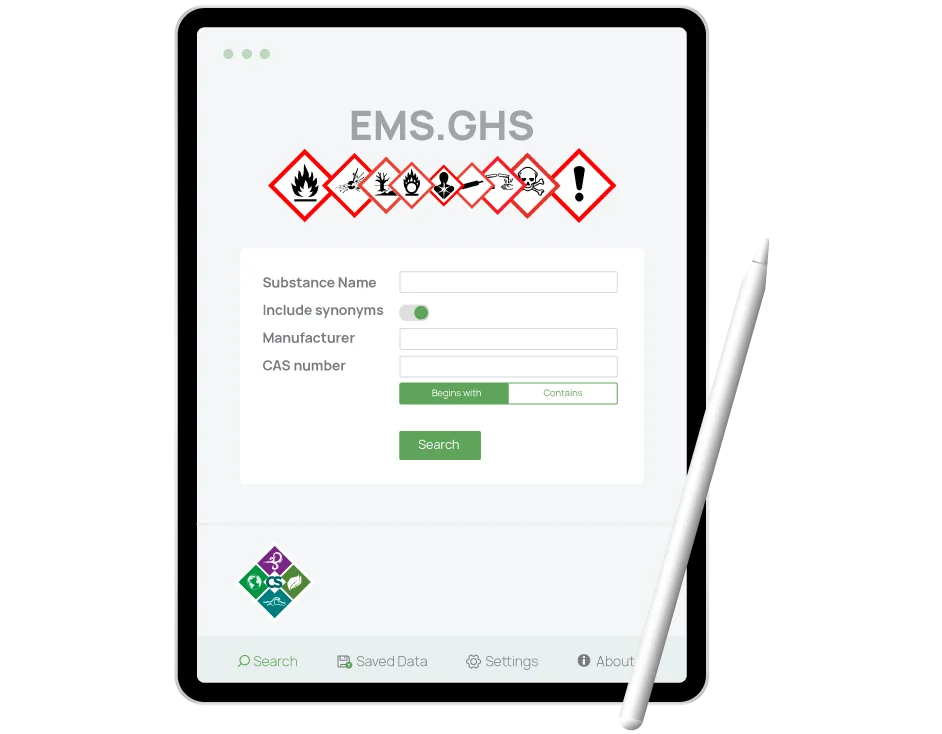Tablet showing the EMS.GHS search form with GHS hazard pictograms and Search, Saved Data, Settings and About tabs