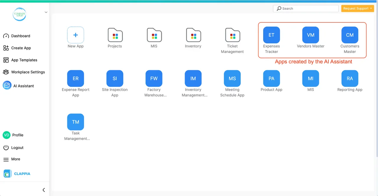 Clappia workplace dashboard listing example apps such as Site Inspection App, with three apps highlighted as created by the AI Assistant.