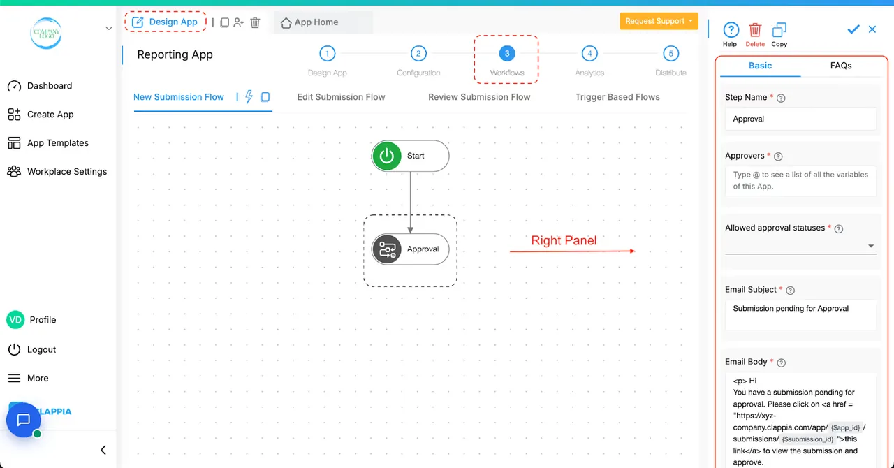 Clappia workflow editor with a Start step linked to an Approval node and its right-hand settings panel for approvers, statuses and email.