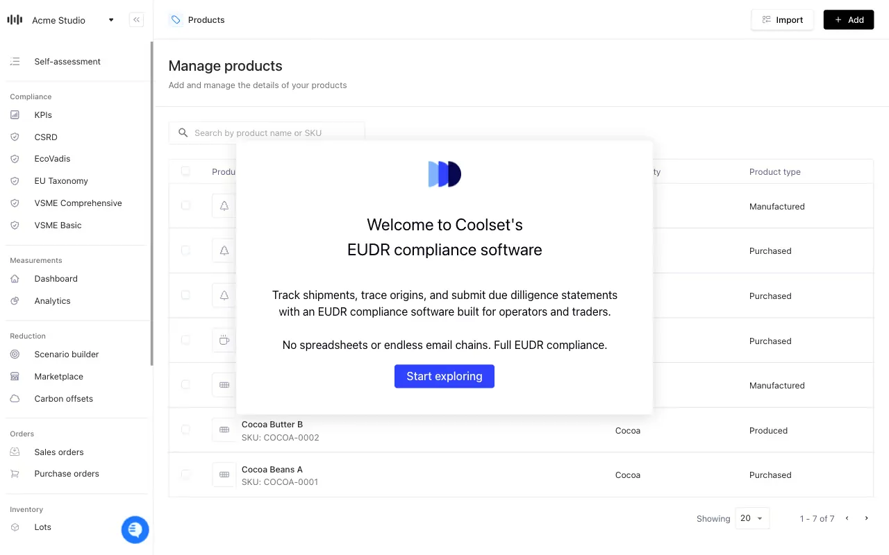 Coolset app navigation and a Manage products table with an EUDR compliance software welcome dialog