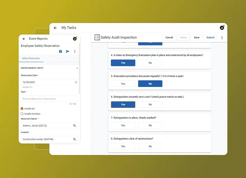 Cority Safety Cloud employee observation form and mobile safety audit inspection checklist