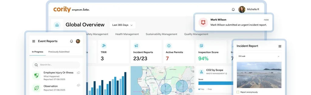 Cority Global Overview dashboard with incident, permit, inspection and emissions metrics across desktop and mobile views