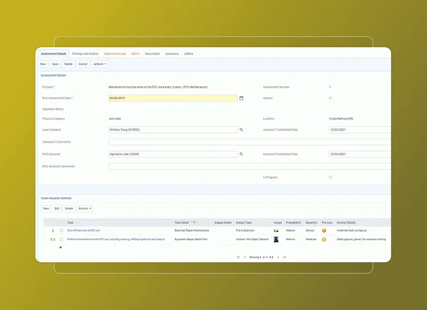 Cority Safety Cloud risk assessment details form with status, location, assessor and task records