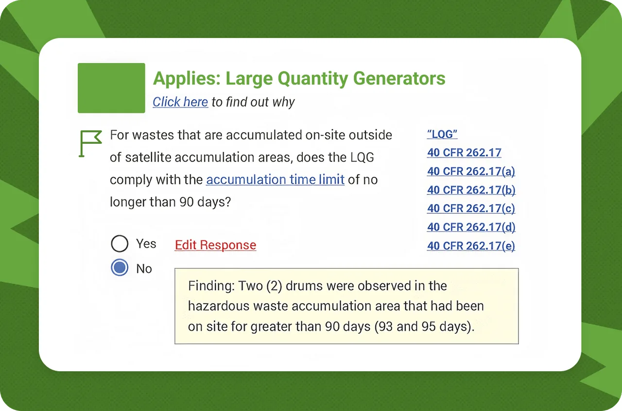 Audit question about hazardous waste accumulation time, a No response, a finding note and 40 CFR 262.17 links