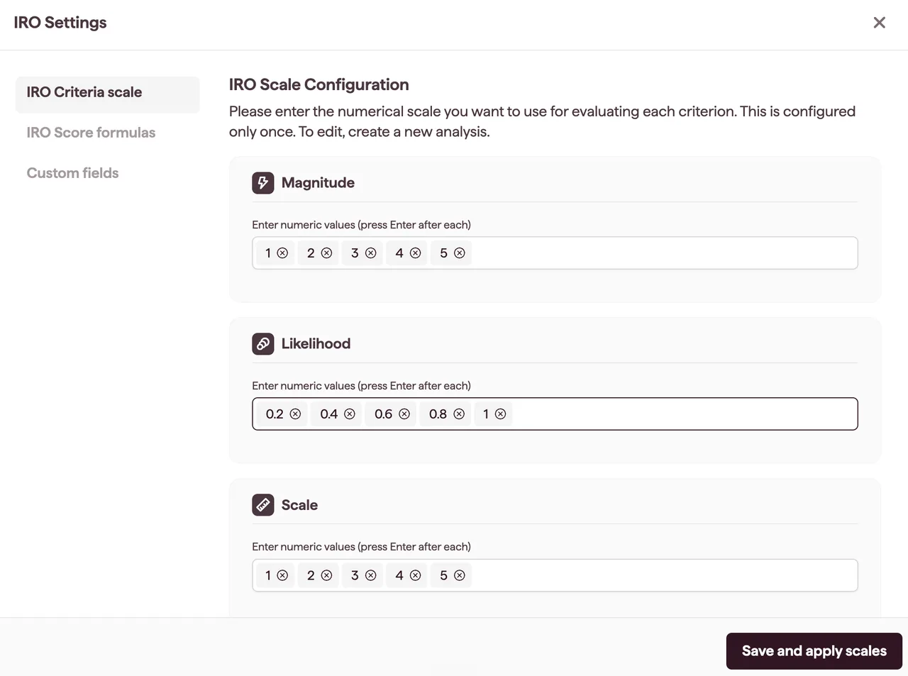 IRO Settings dialog with numeric scale entries for magnitude, likelihood and scale criteria and a Save and apply scales button