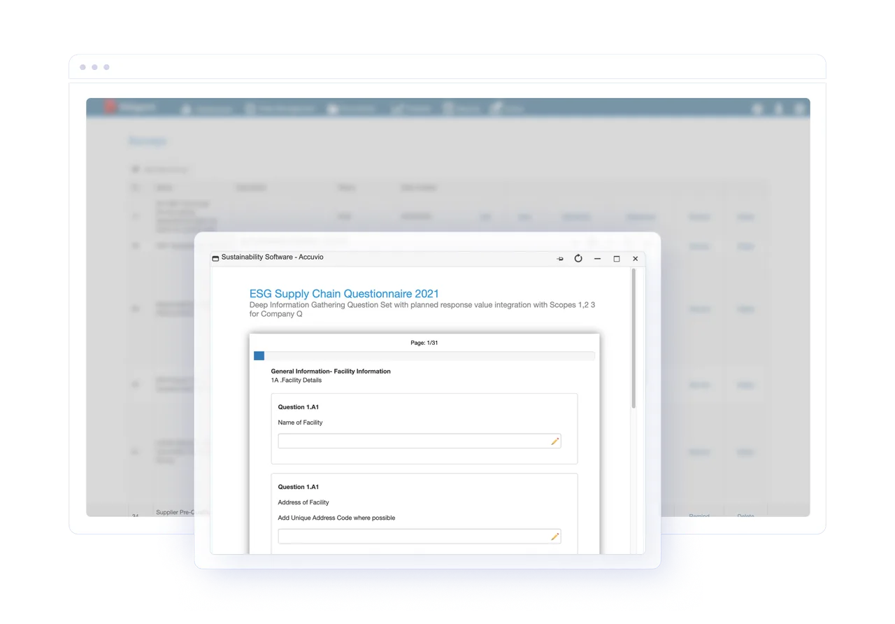Survey form titled ESG Supply Chain Questionnaire 2021 with facility information fields over a blurred survey list.