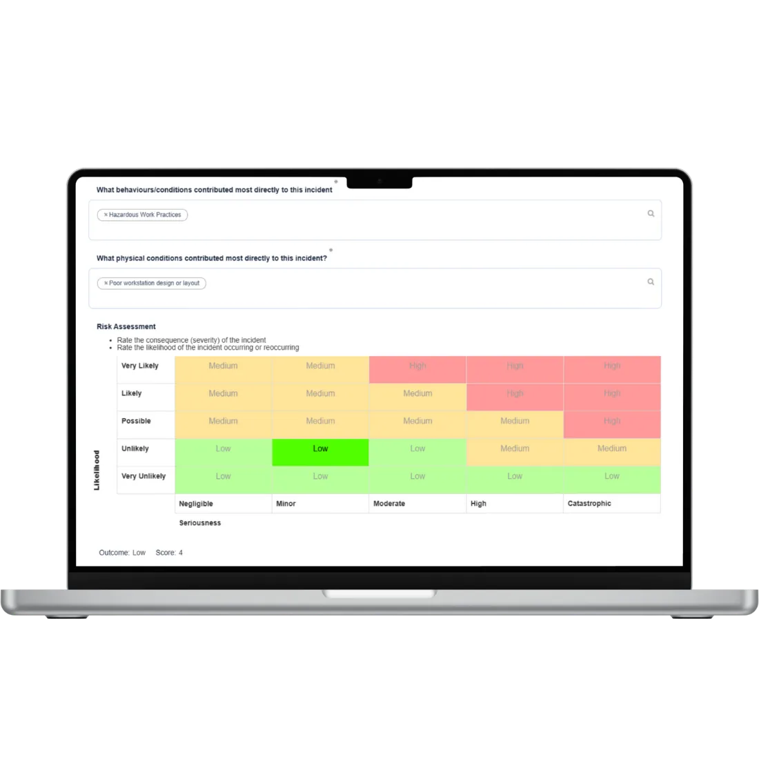 Donesafe form with contributing-factor fields and a 5x5 likelihood by seriousness matrix, outcome Low, score 4