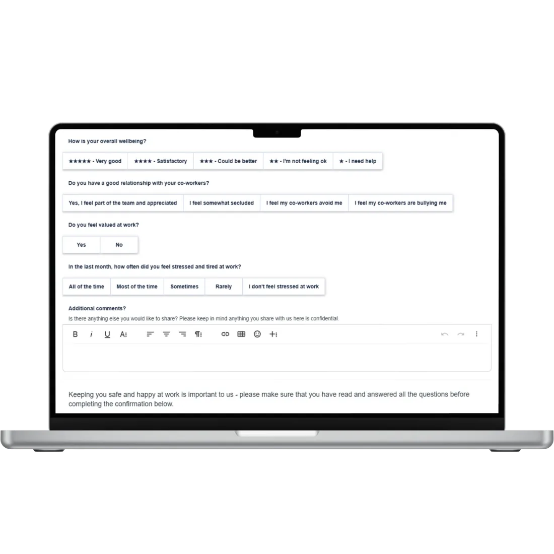 Donesafe survey form: wellbeing, co-worker relationship, feeling valued and stress questions, comments box