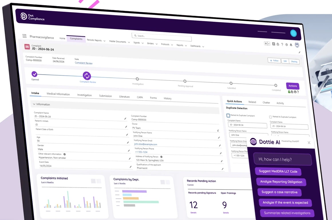 Complaint record with a status path from opened to completed, intake fields, small charts and a chat panel