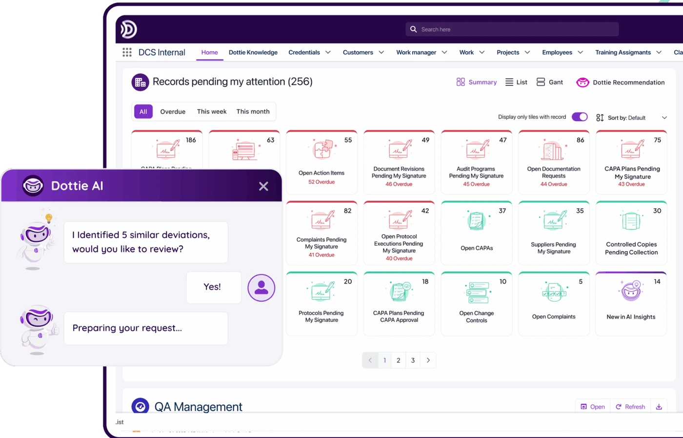 Home dashboard with tiles counting open actions, CAPAs, change controls and records pending signature